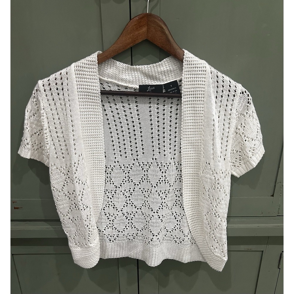 Y2K White Crochet Open Knit Bolero Crop Shrug Cardigan Boho Cottagecore Size S